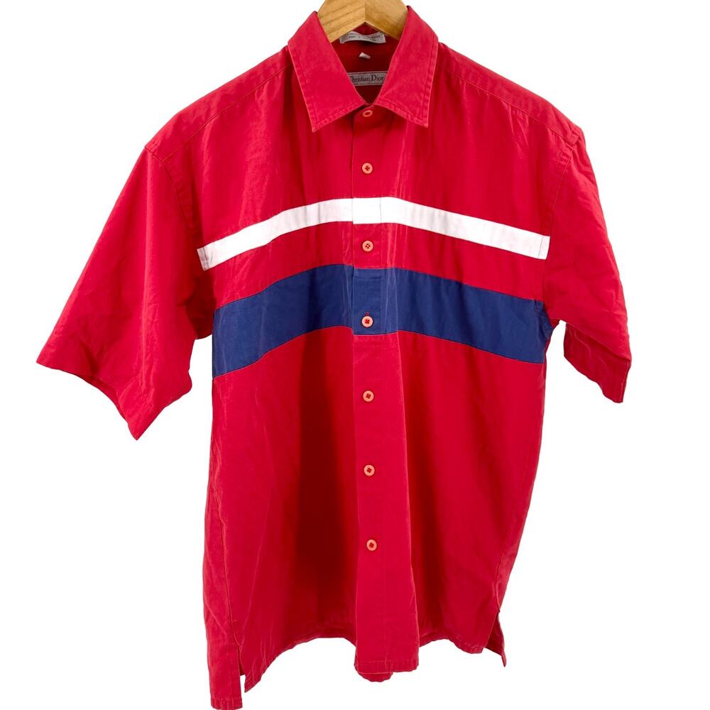 Vintage 90s Christian Dior Red Colorblock Bowling Shirt